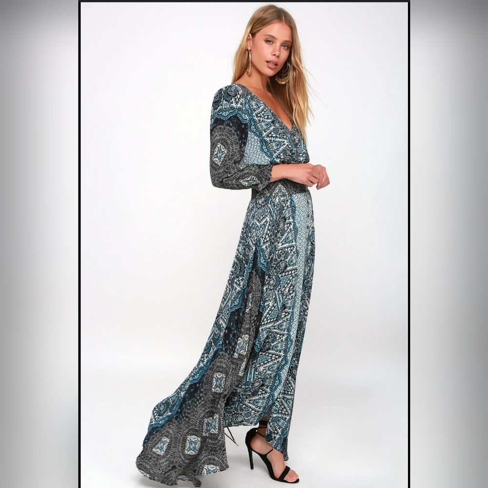 Free People Blue and Black Patterned Maxi Dress